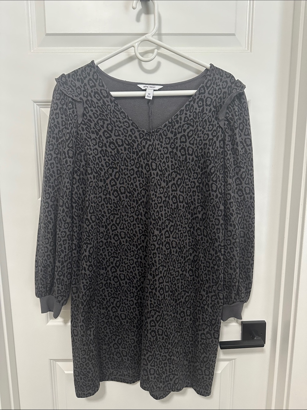 Nine West Black and Gray Leopard Print Long-Sleeve Dress